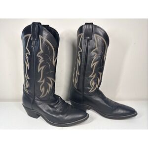 Men's JUSTIN Black‎ Western Boots Size 9.5 D Design Brown/White Stitch